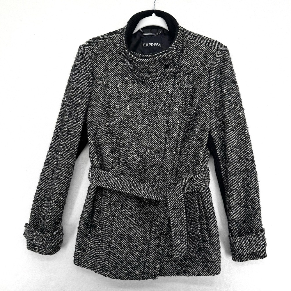 Express Moto Coat Womens Medium Black White Tweed Wool Blend Belted Asymmetrical